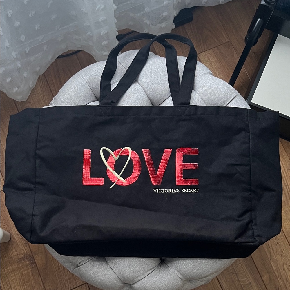 Victoria’s Secret Black Canvas Tote Red Sequin LOVE Embroidery Large Bag